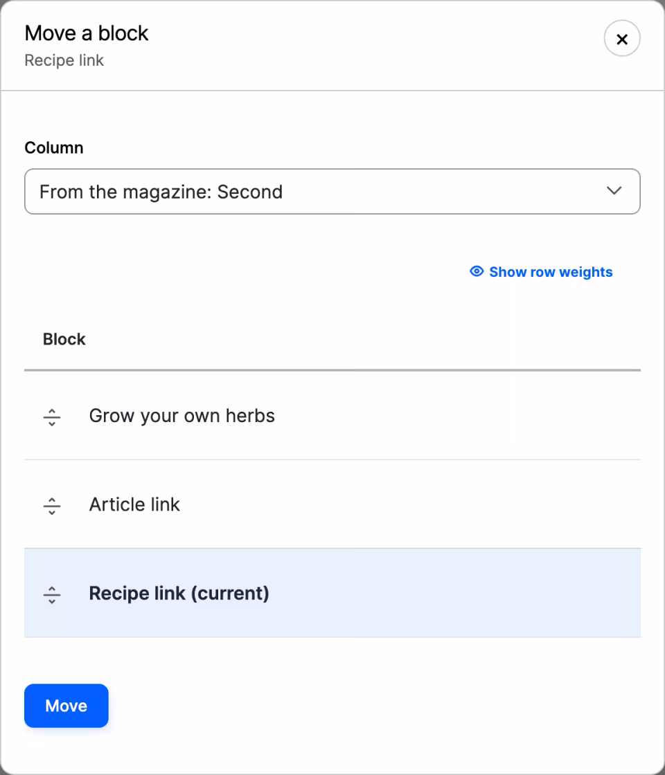 The keyboard-friendly "Move a block" dialog with a column picker and a reorderable list of blocks.