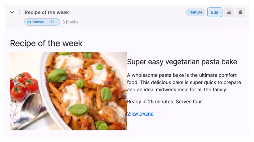 A Feature section switched to preview, showing the rendered image and text inside the editor.