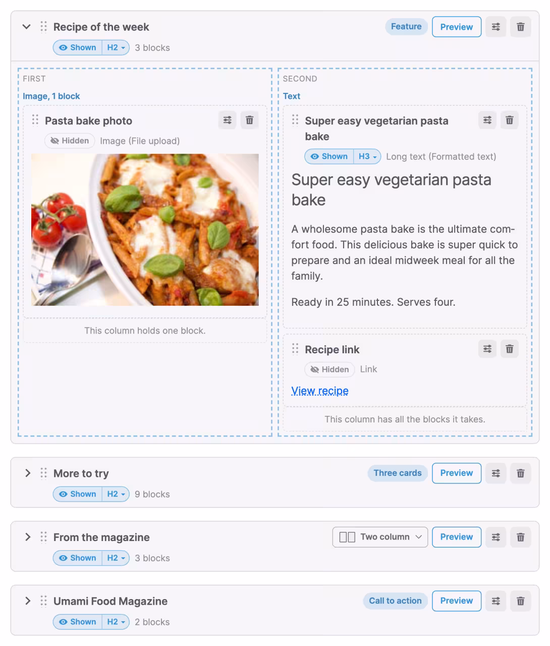 The Content Builder editor showing a two-column Feature section with an image block and a text block